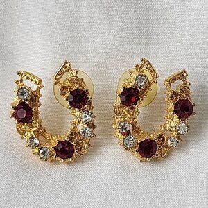 French Gold Tone Horseshoe Jeweled Garnet Red Crystal Rhinestone Vintage Earring